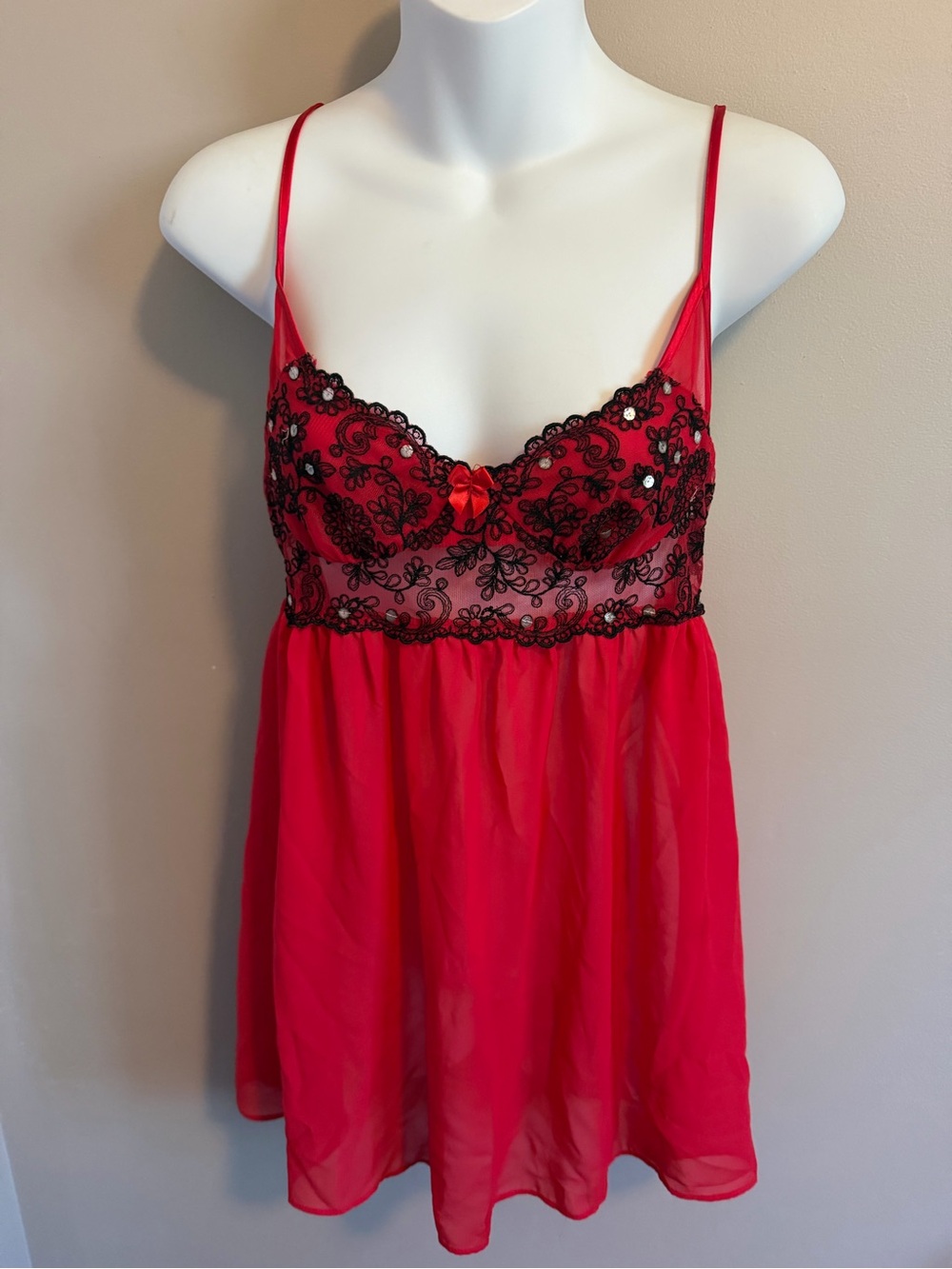 Linda Lingerie Red Black Lace Sequin Babydoll Chemise Nightgown Size S